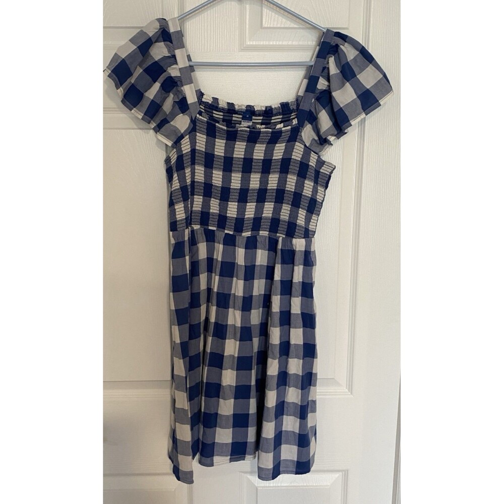 Old Navy smocked Cotton Buffalo Check Dress Blue And White Size M NWT